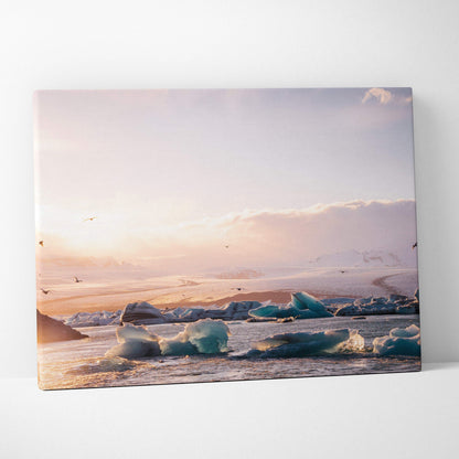 Serene Arctic Iceland sunset over ice lagoon canvas wall art