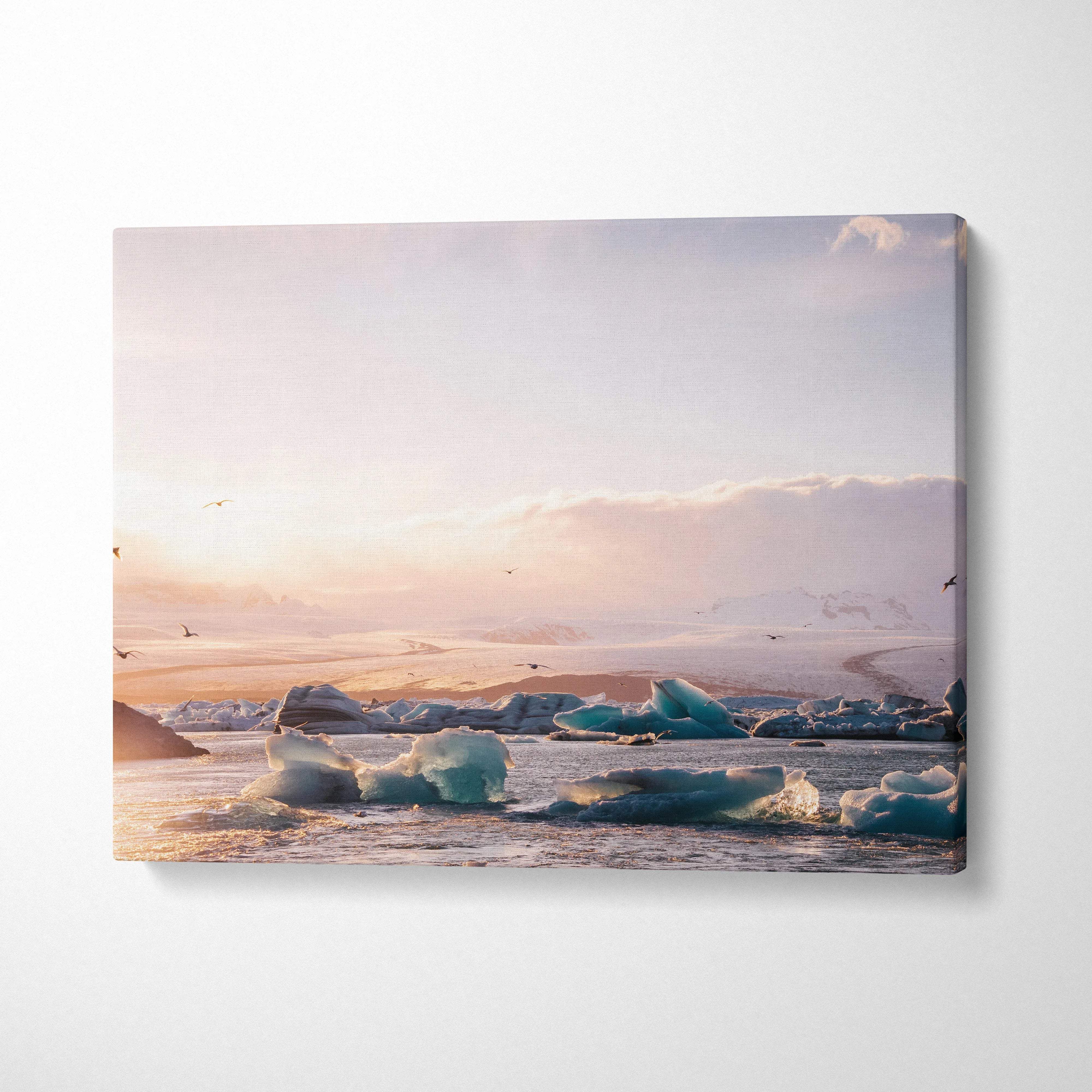 Serene Arctic ice lagoon canvas wall art with Iceland sunset glow