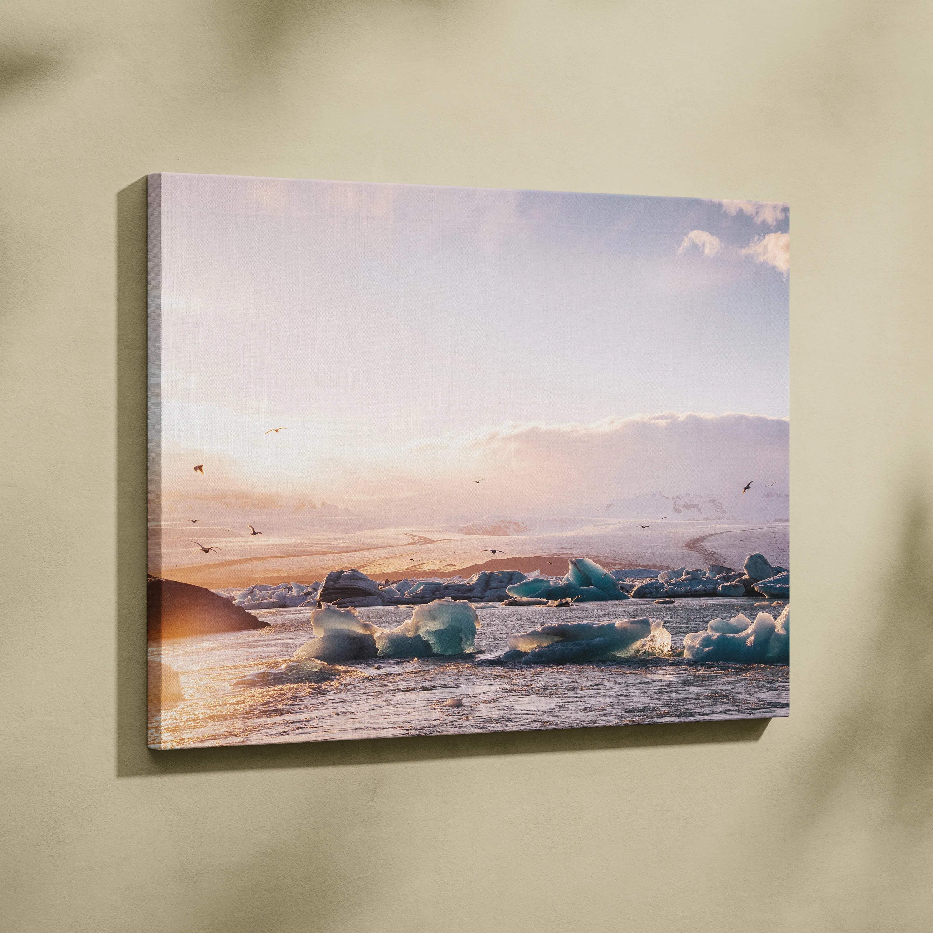 Serene Arctic iceberg landscape canvas wall art, Iceland sunset glow