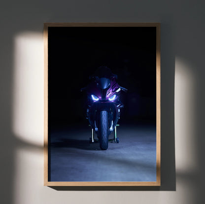 BMW S1000RR motorcycle front view with glowing headlights poster wall art in wooden frame.