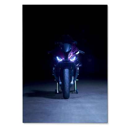 BMW S1000RR motorcycle poster with dramatic lighting, modern wall art for enthusiasts.