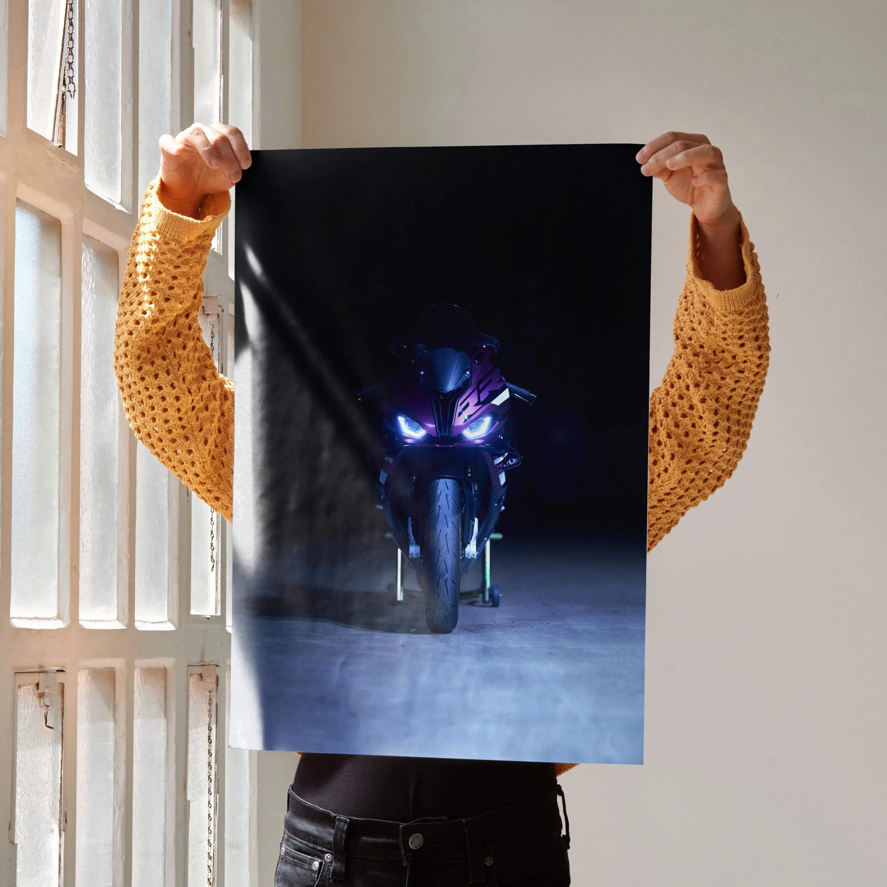 Dark BMW S1000RR motorcycle poster with glowing headlights, modern wall art design.