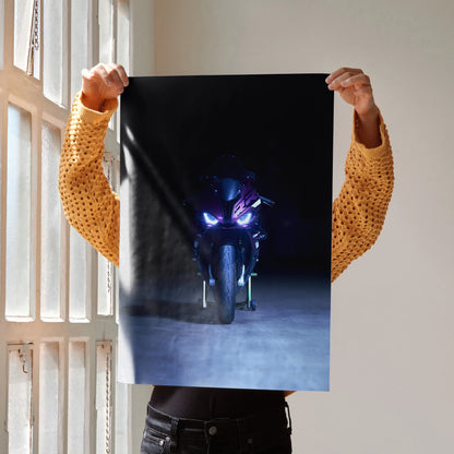 Dark BMW S1000RR motorcycle poster with glowing headlights, modern wall art design.