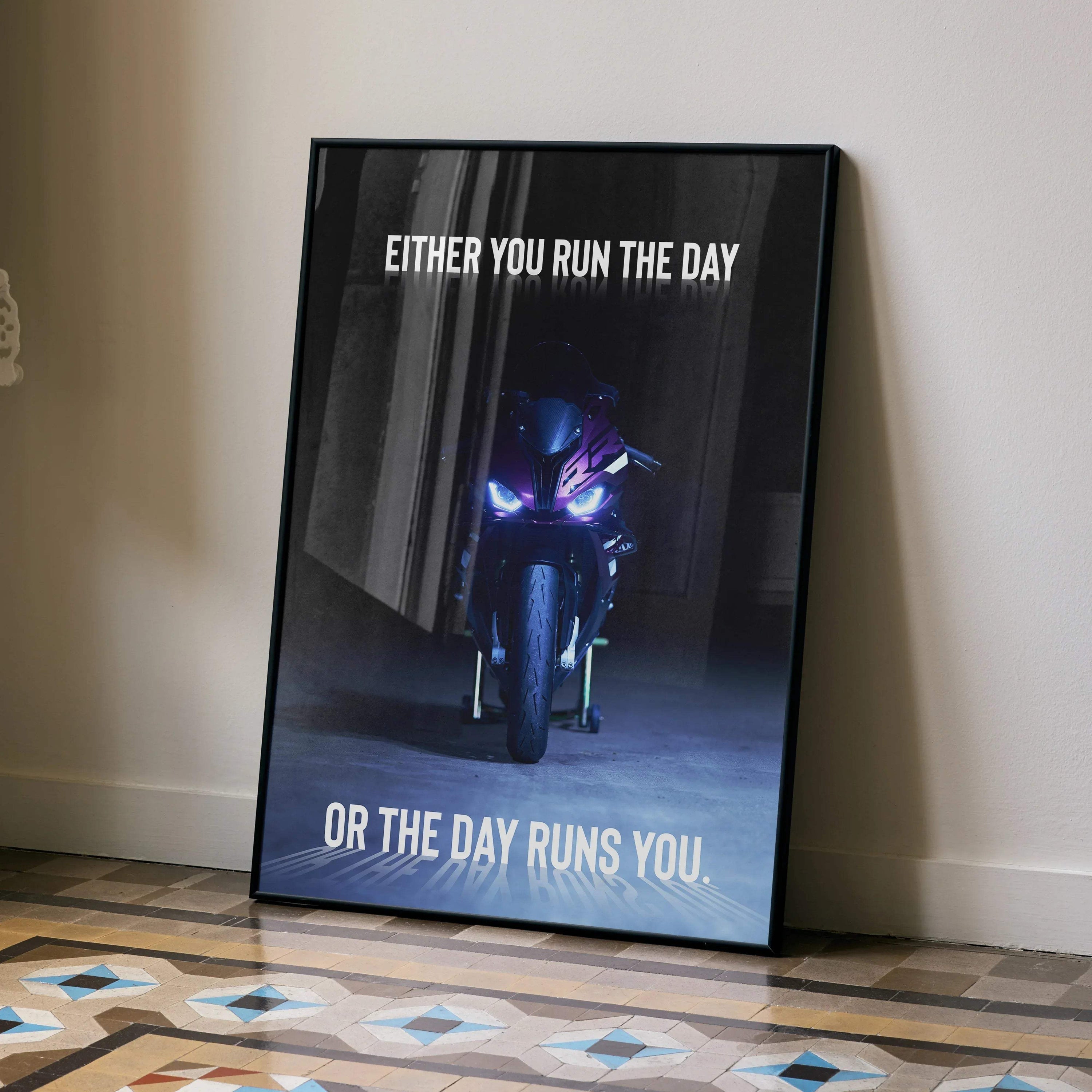Motivational poster wall art featuring a BMW S1000RR motorcycle with inspiring text in a dark, moody setting.