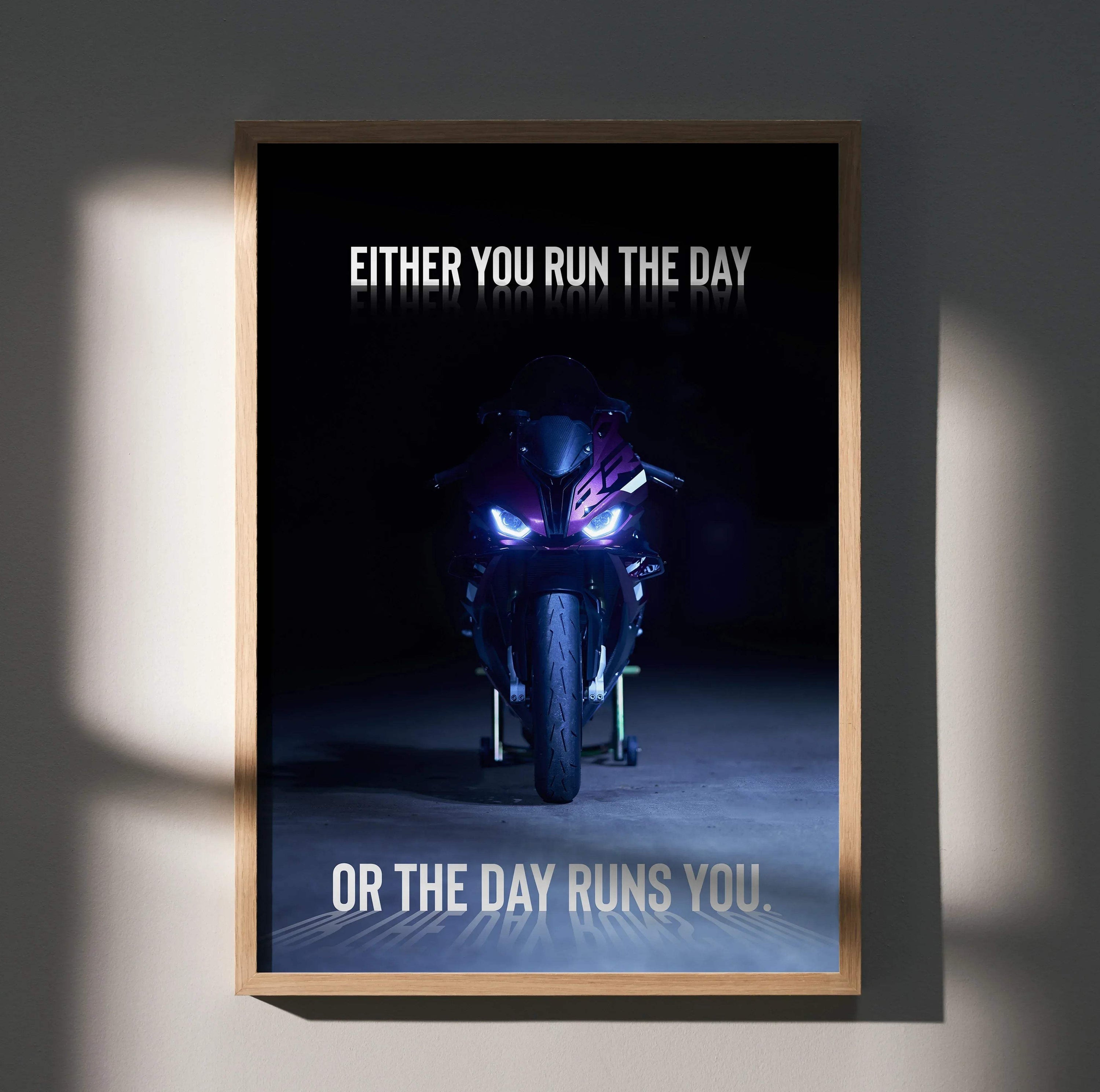 Motivational poster featuring BMW S1000RR motorcycle with inspiring text in dark setting wall art.