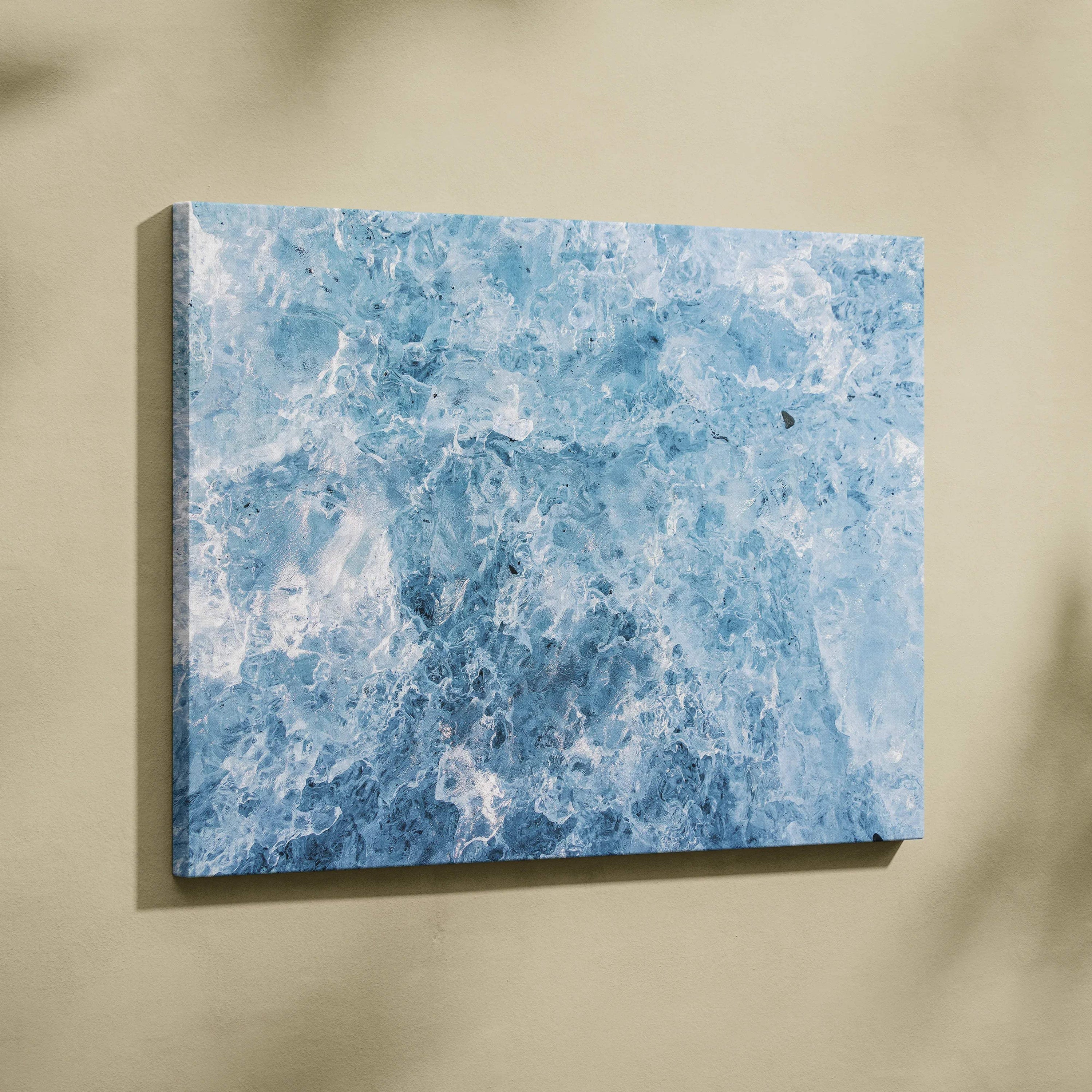 Blue and white swirling abstract canvas art wall art with textured digital patterns.