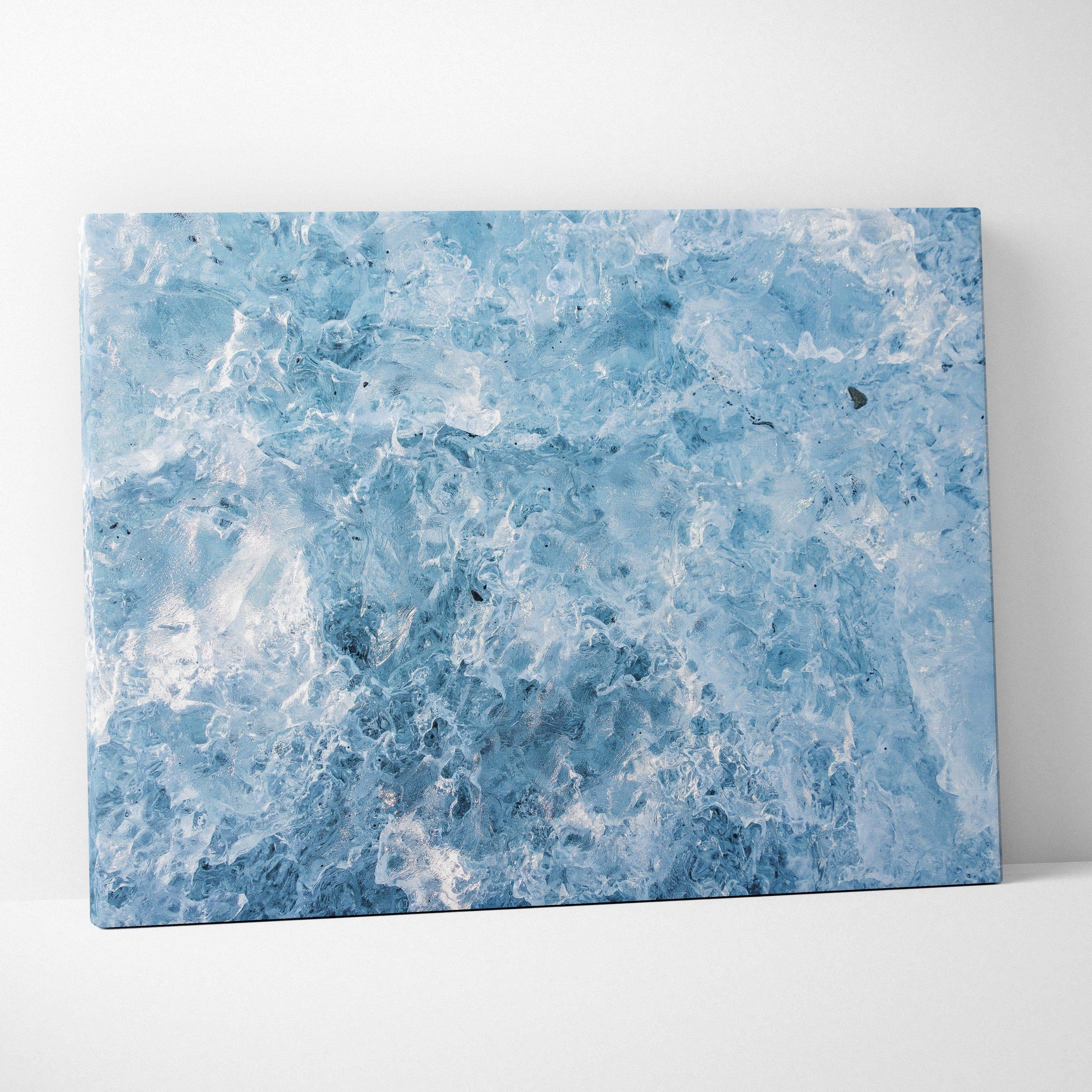 Abstract canvas wall art featuring swirling blue and white textures in a high-resolution digital design.