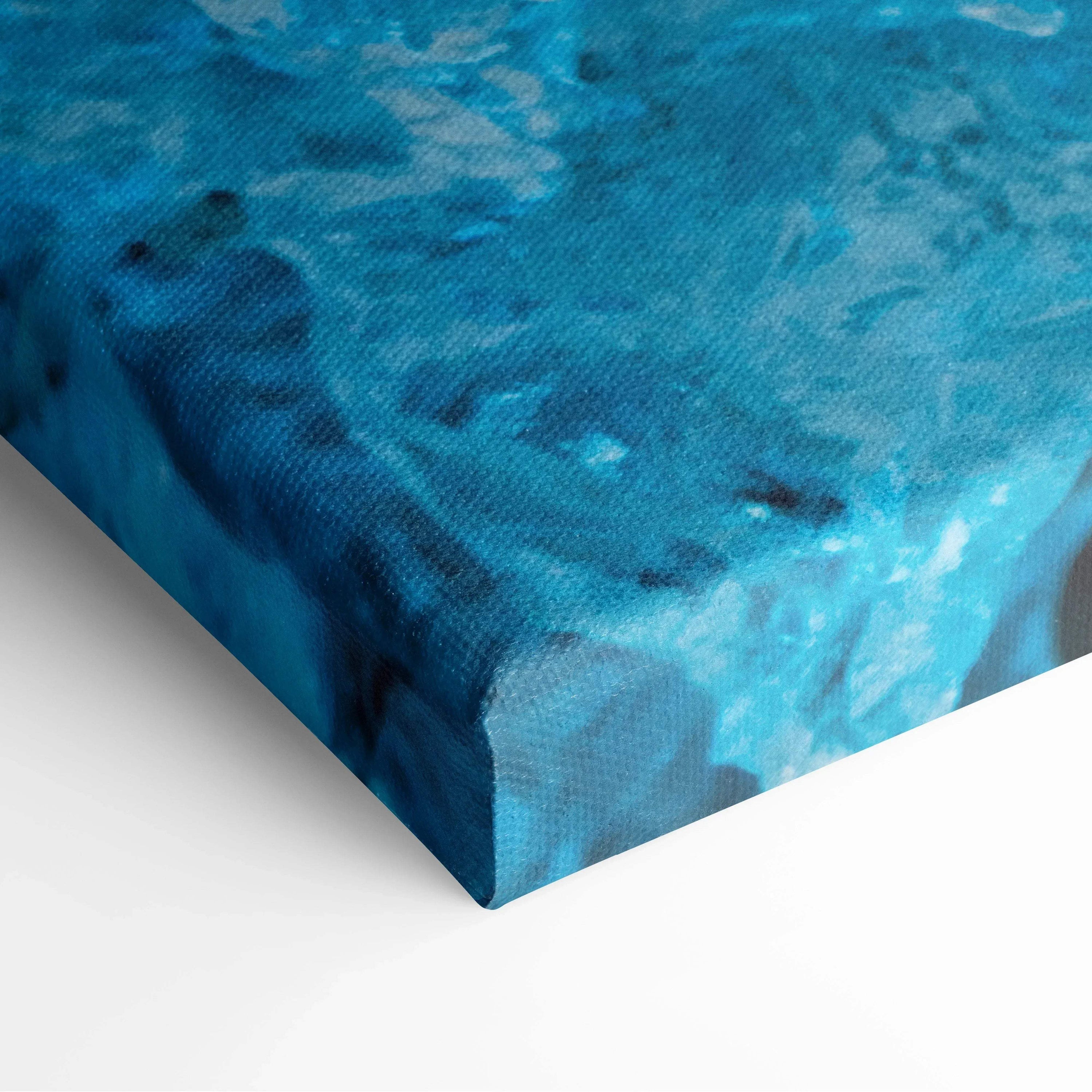 Blue and teal abstract digital canvas art with textured brushstroke patterns, wrapped edges.