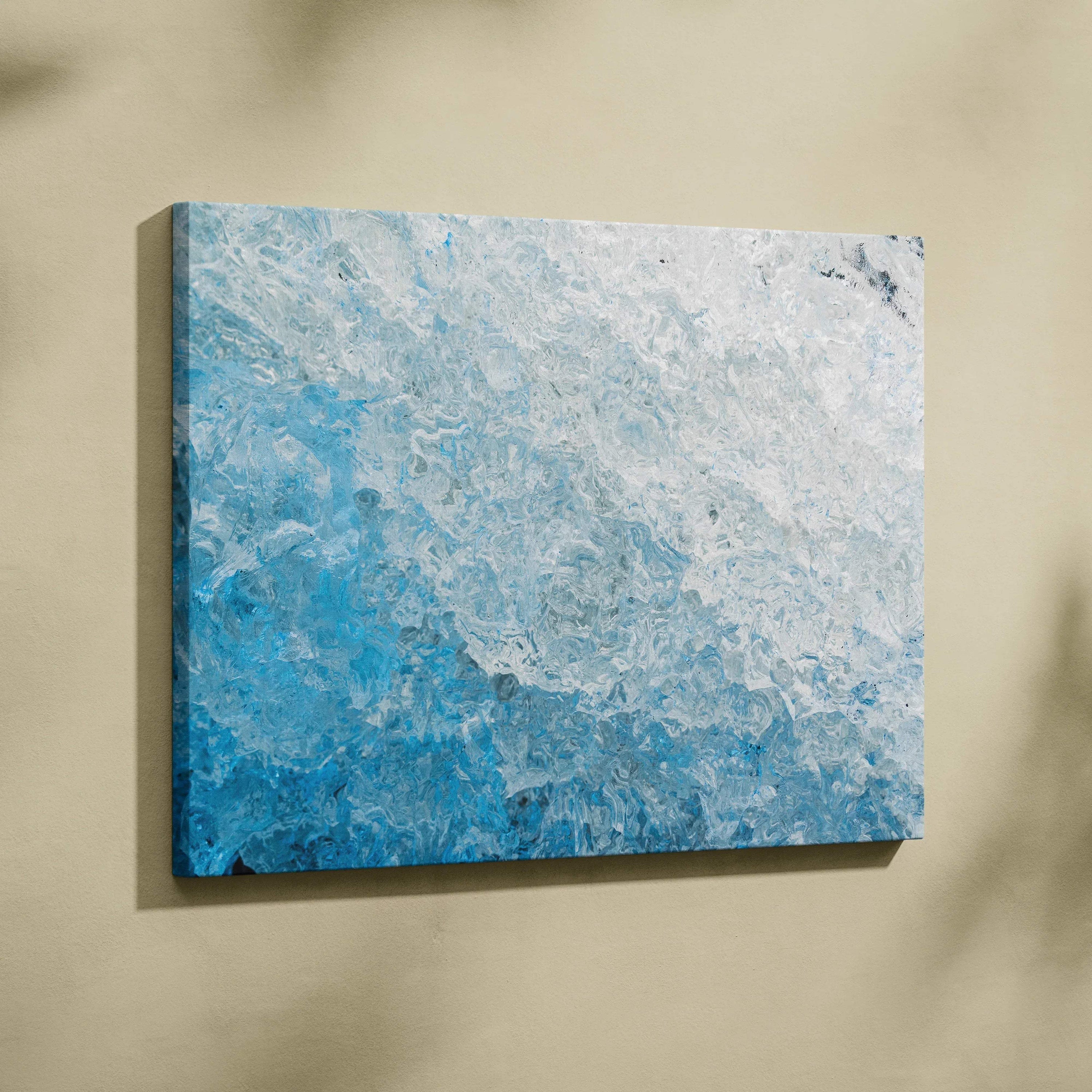 Abstract blue and white textured digital art on horizontal canvas wall art.