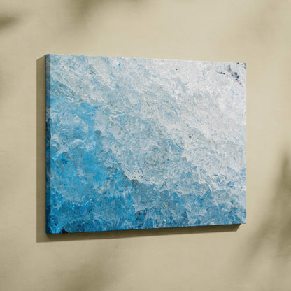Abstract blue and white textured digital art on horizontal canvas wall art.
