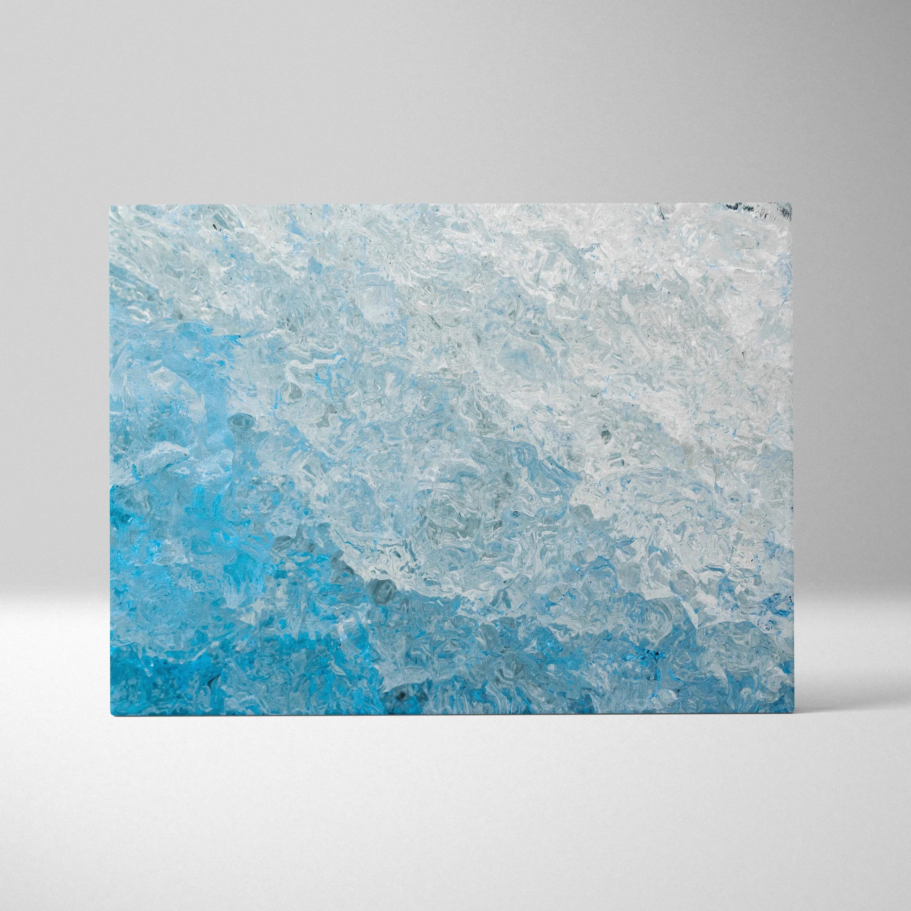 Abstract blue and white textured digital art on rectangular canvas wall art.