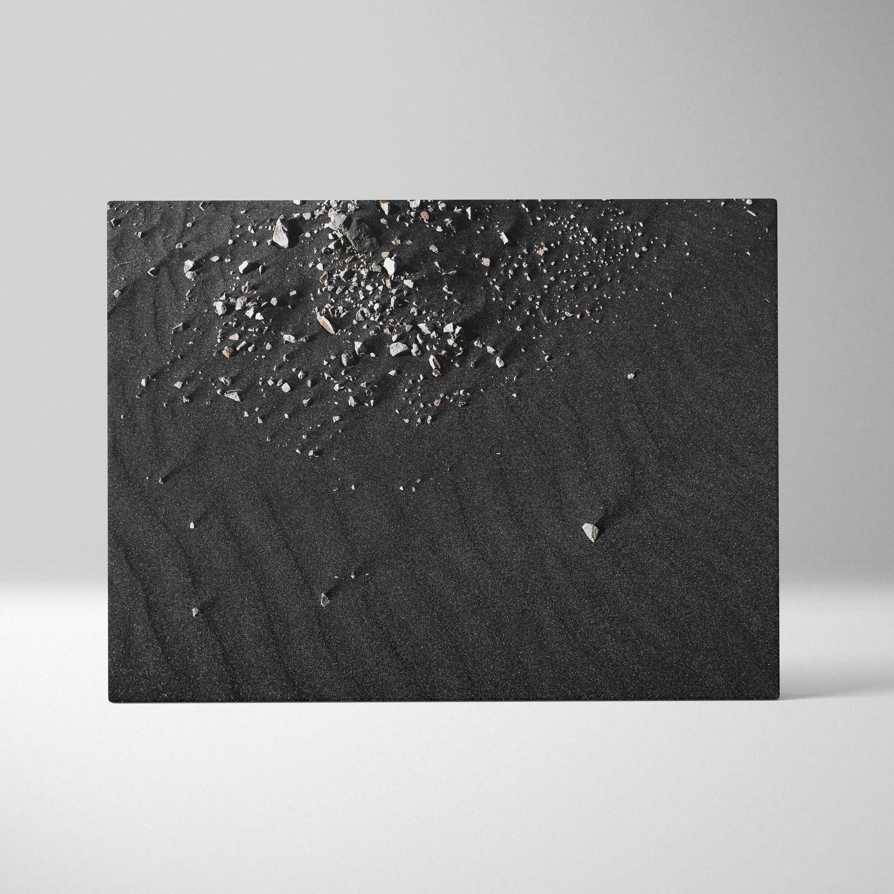 Black and gray abstract digital art canvas print with textured pebble and sand patterns for wall decor.