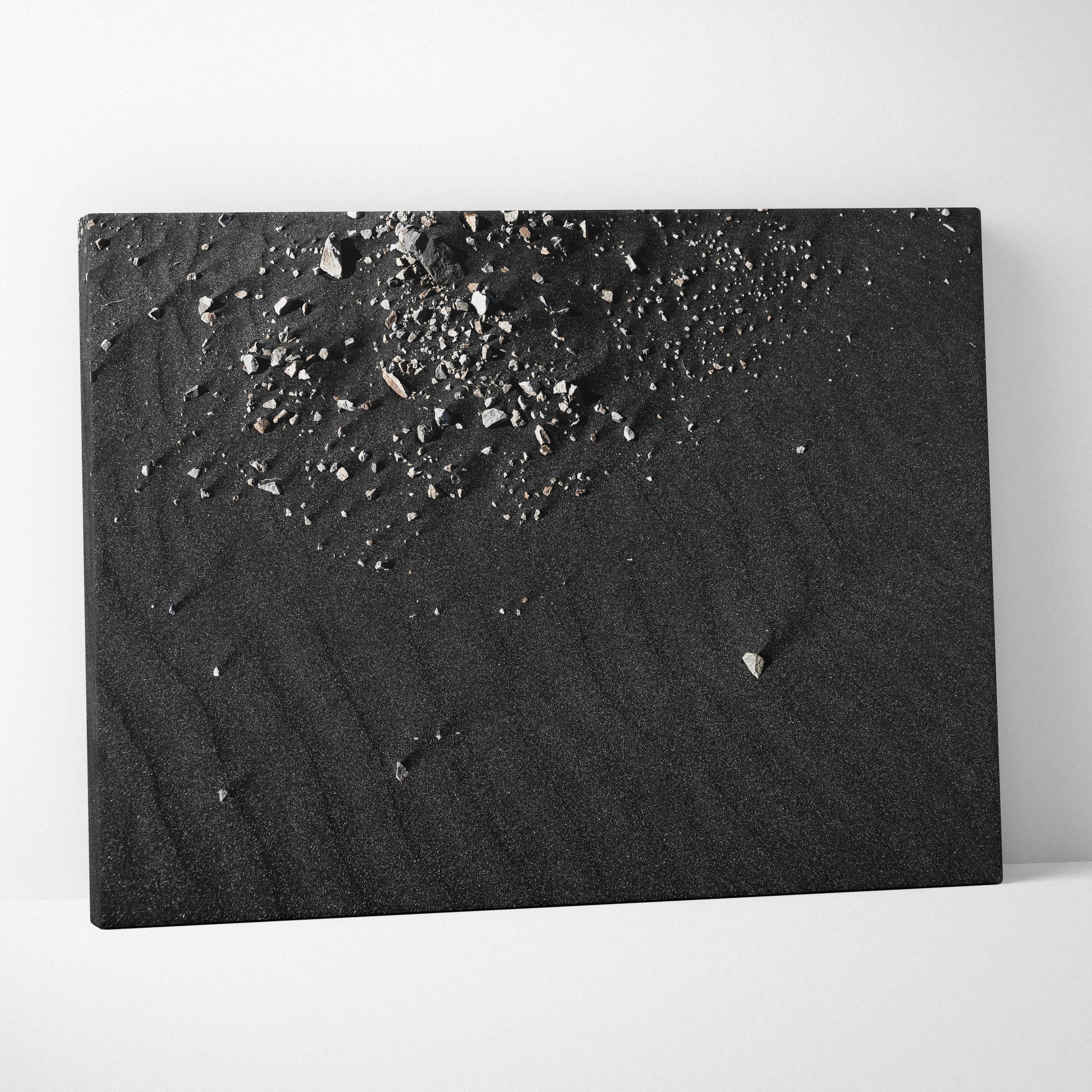 Black textured abstract digital art on canvas with metallic silver accents, modern wall art canvas print.