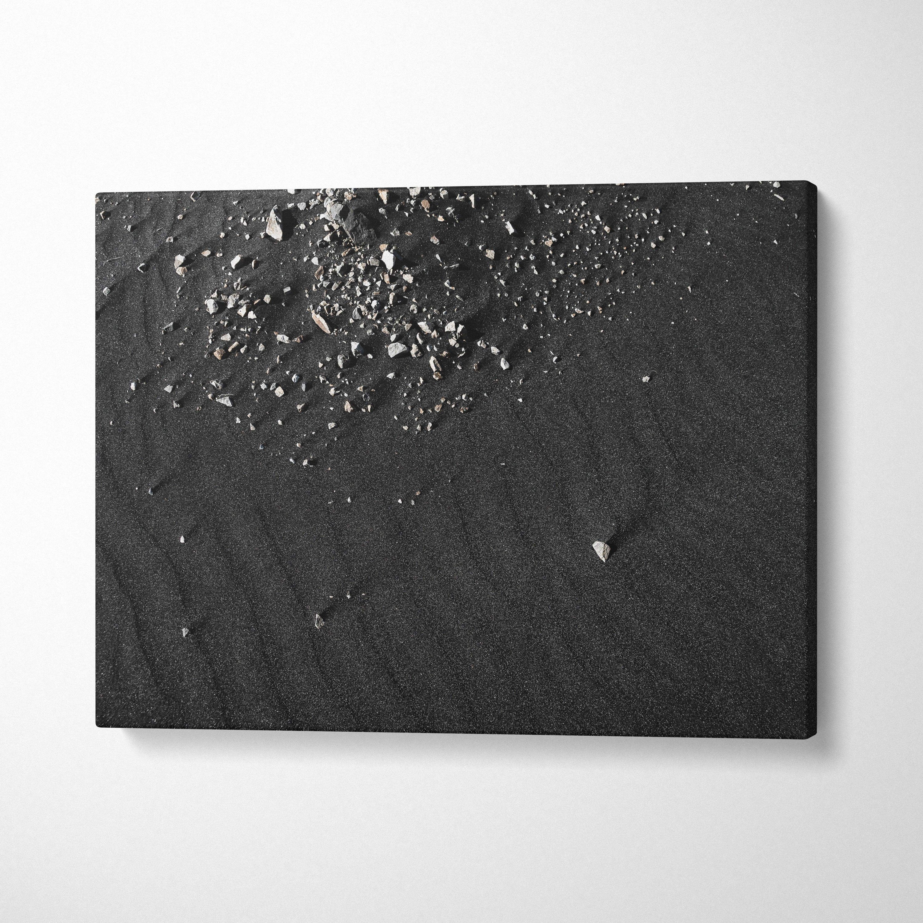 Abstract black textured digital art on canvas wall art with scattered white speckles and subtle ripple patterns.