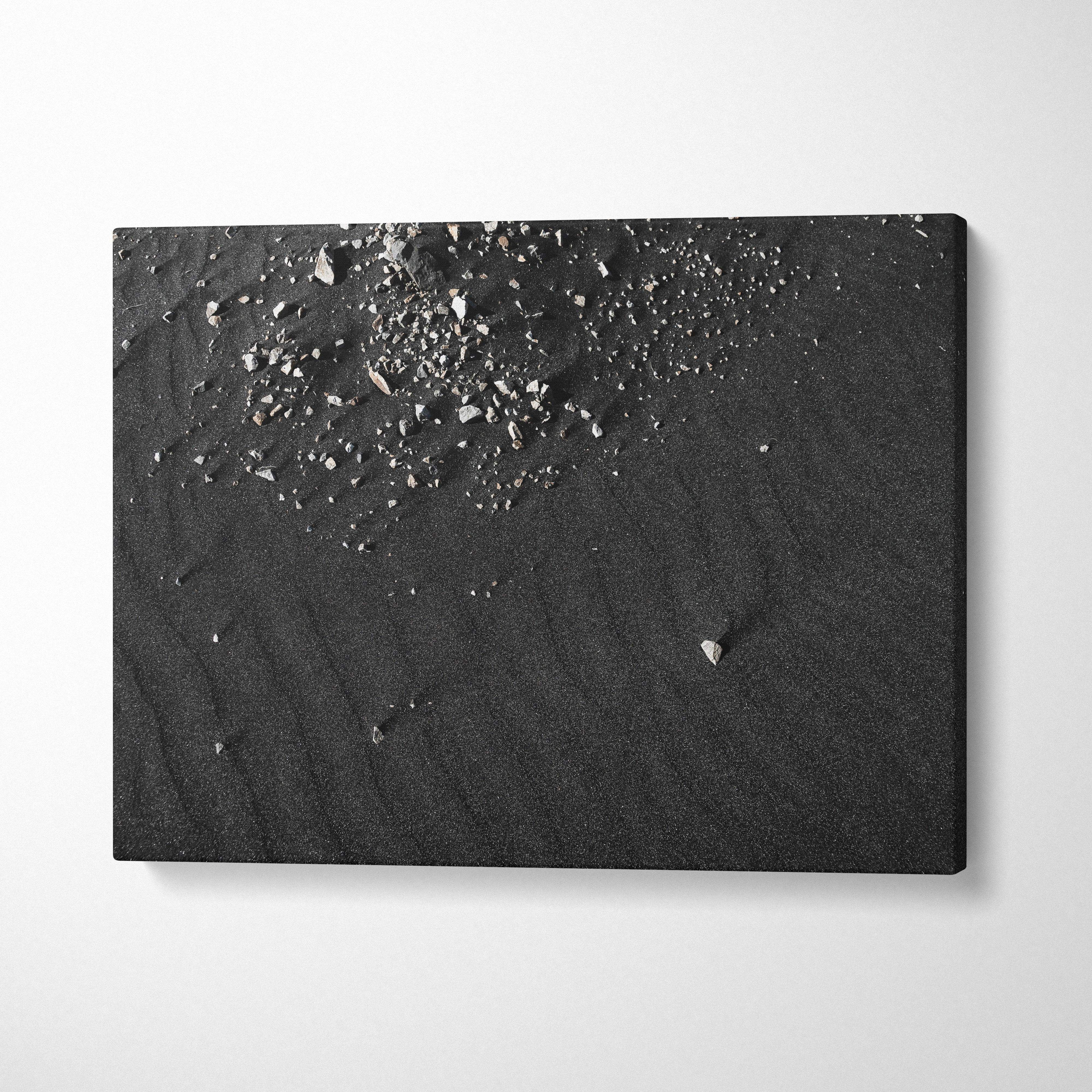 Abstract black textured digital art on canvas wall art with scattered white speckles and subtle ripple patterns.