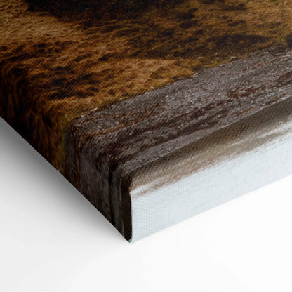 Canvas print of Nordic Icelandic snowy mountain coastline in serene blue tones on textured earthy brown rust surface