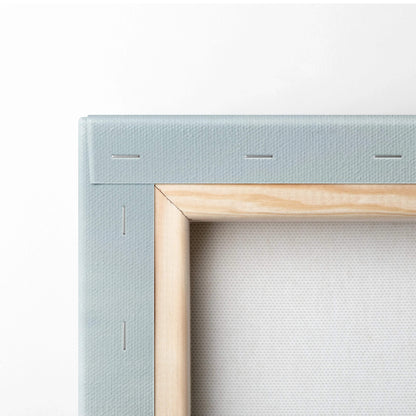 Light blue textured canvas frame with wood border, Nordic snowy mountain coastline art