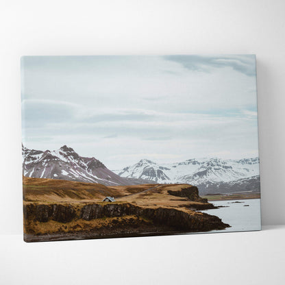 Snow-capped Nordic Icelandic mountain coastline on square canvas