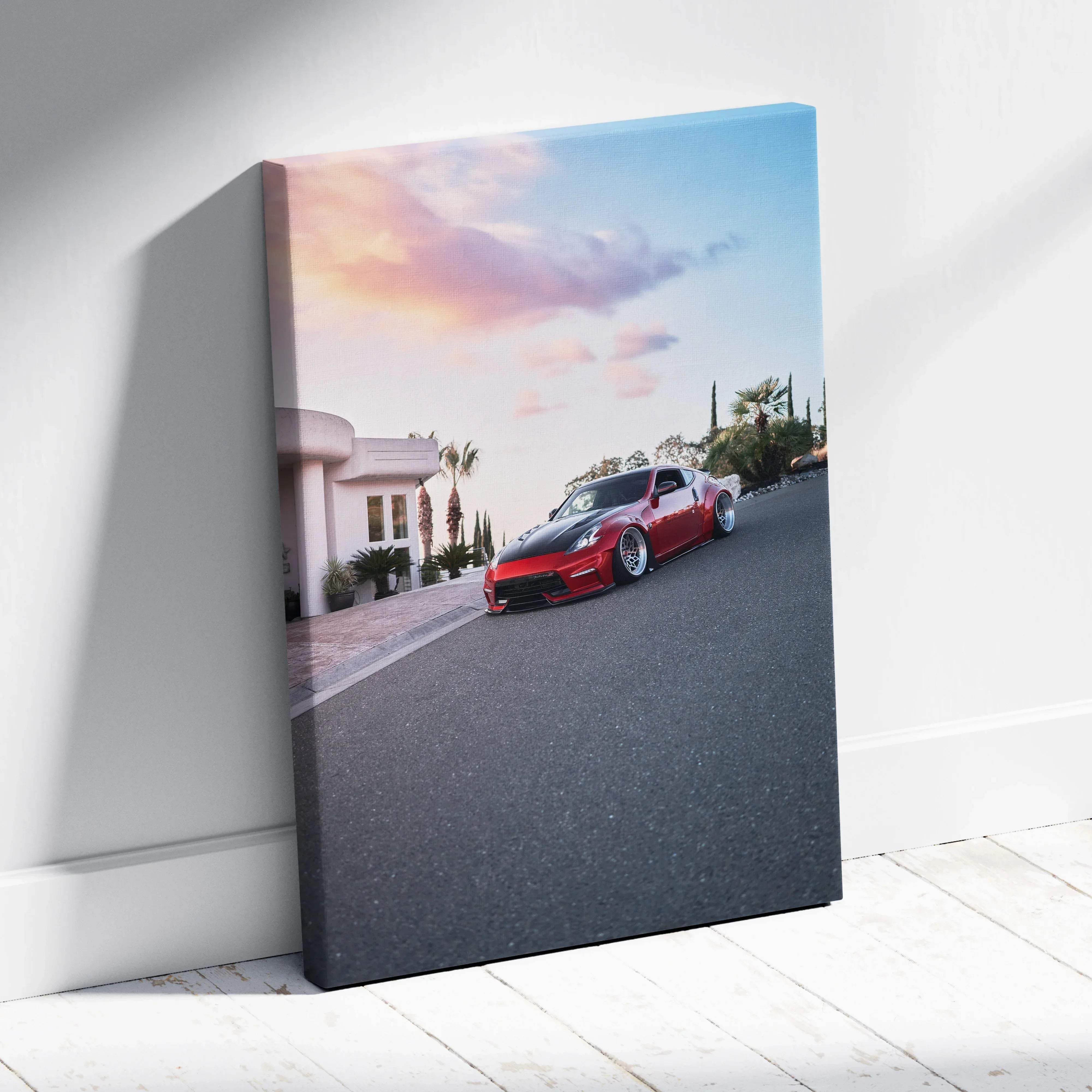 Canvas wall art featuring a red and black nissan 370z sports car print with modern racing design and museum quality