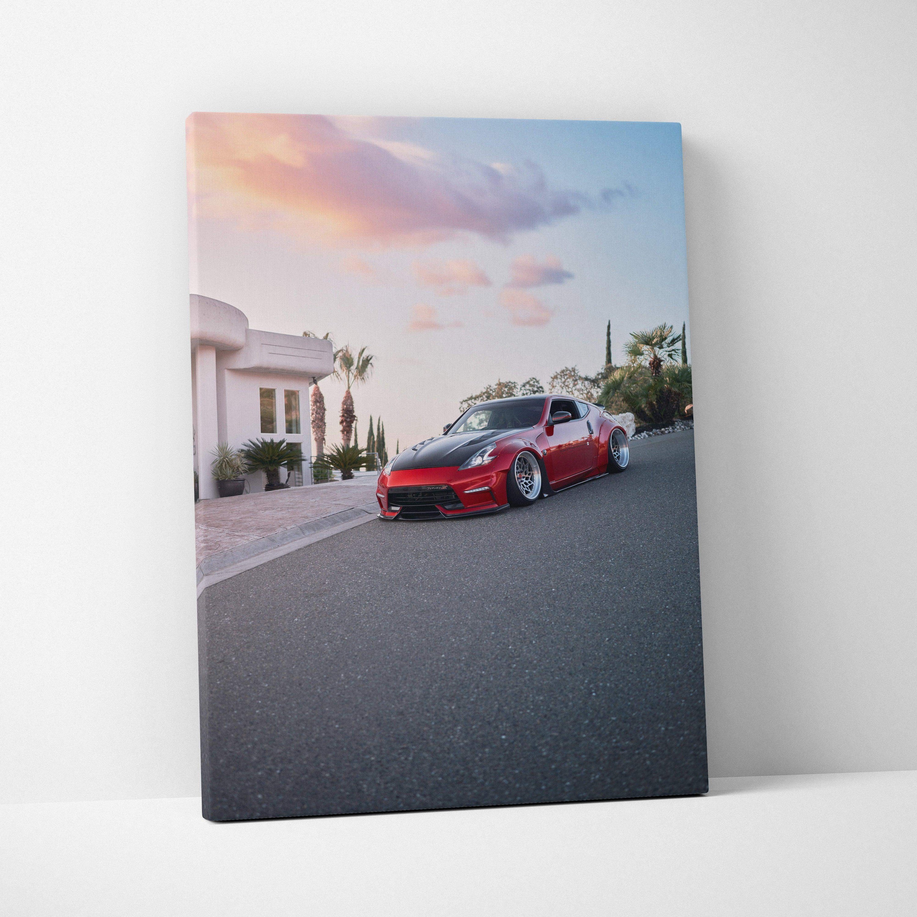 Nissan 370z red sports car parked on street at sunset canvas wall art print.