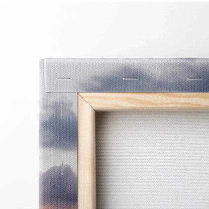 Close-up of wooden frame corner with stretched canvas backing for wall art print.