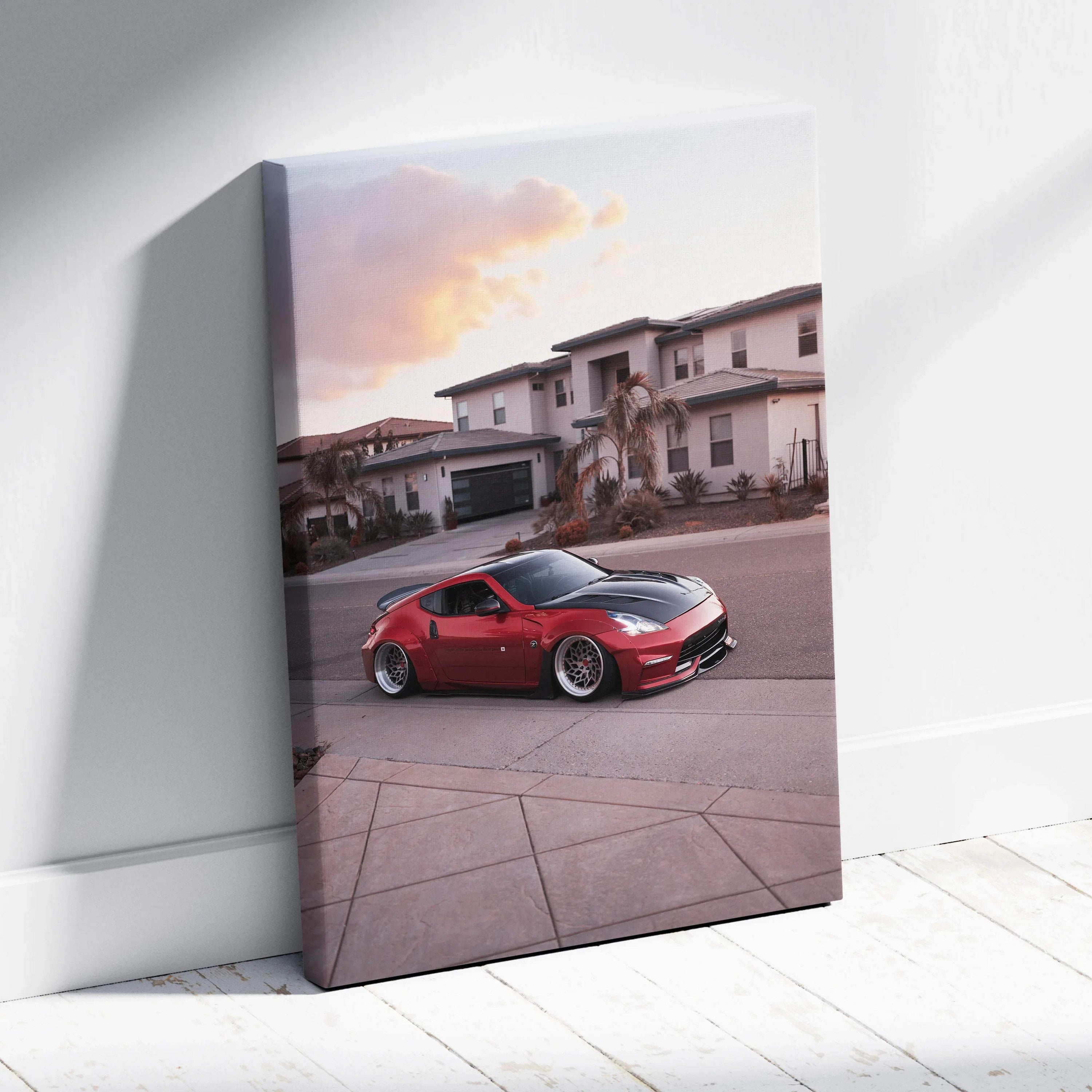 Red Nissan 370z sports car parked in suburban neighborhood canvas wall art in vertical format.