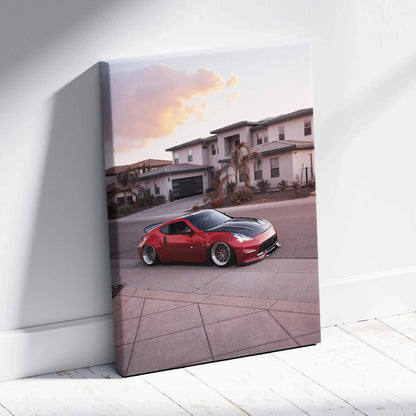 Red Nissan 370z sports car parked in suburban neighborhood canvas wall art in vertical format.