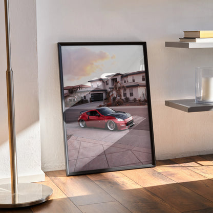 Nissan 370z red sports car poster with modern home background, high resolution wall art.
