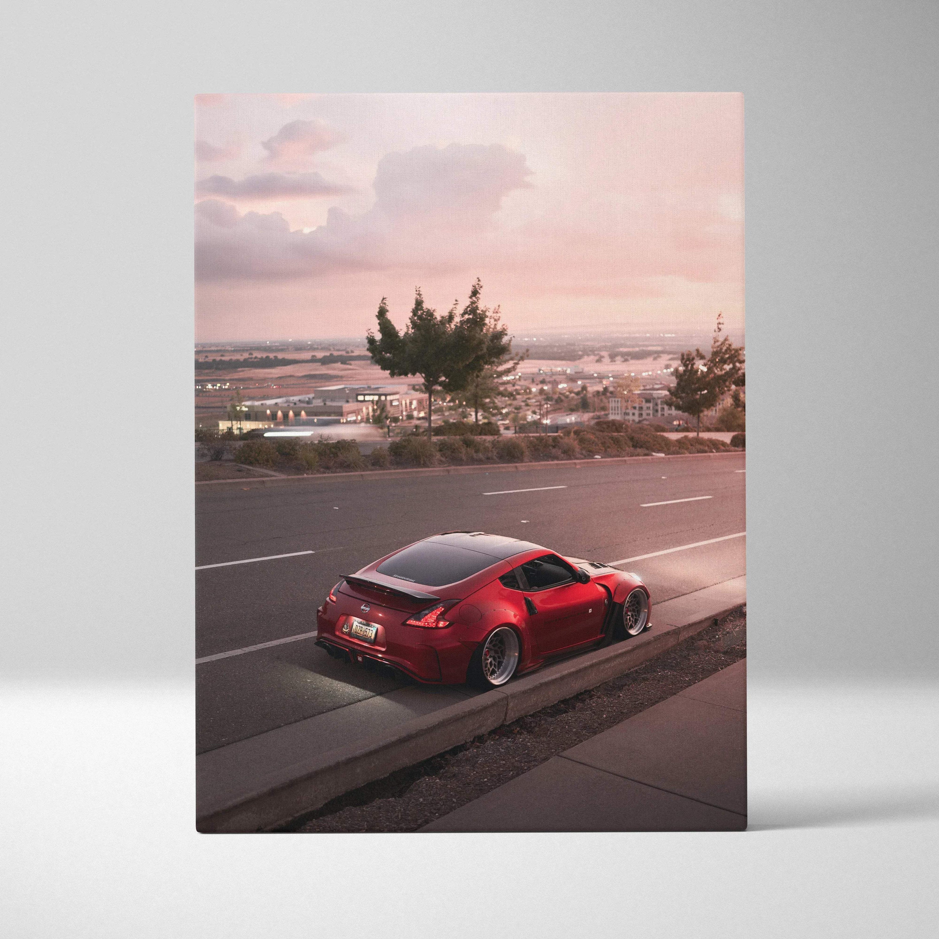 Red Nissan 370z parked on roadside at sunset canvas wall art print in vertical format.