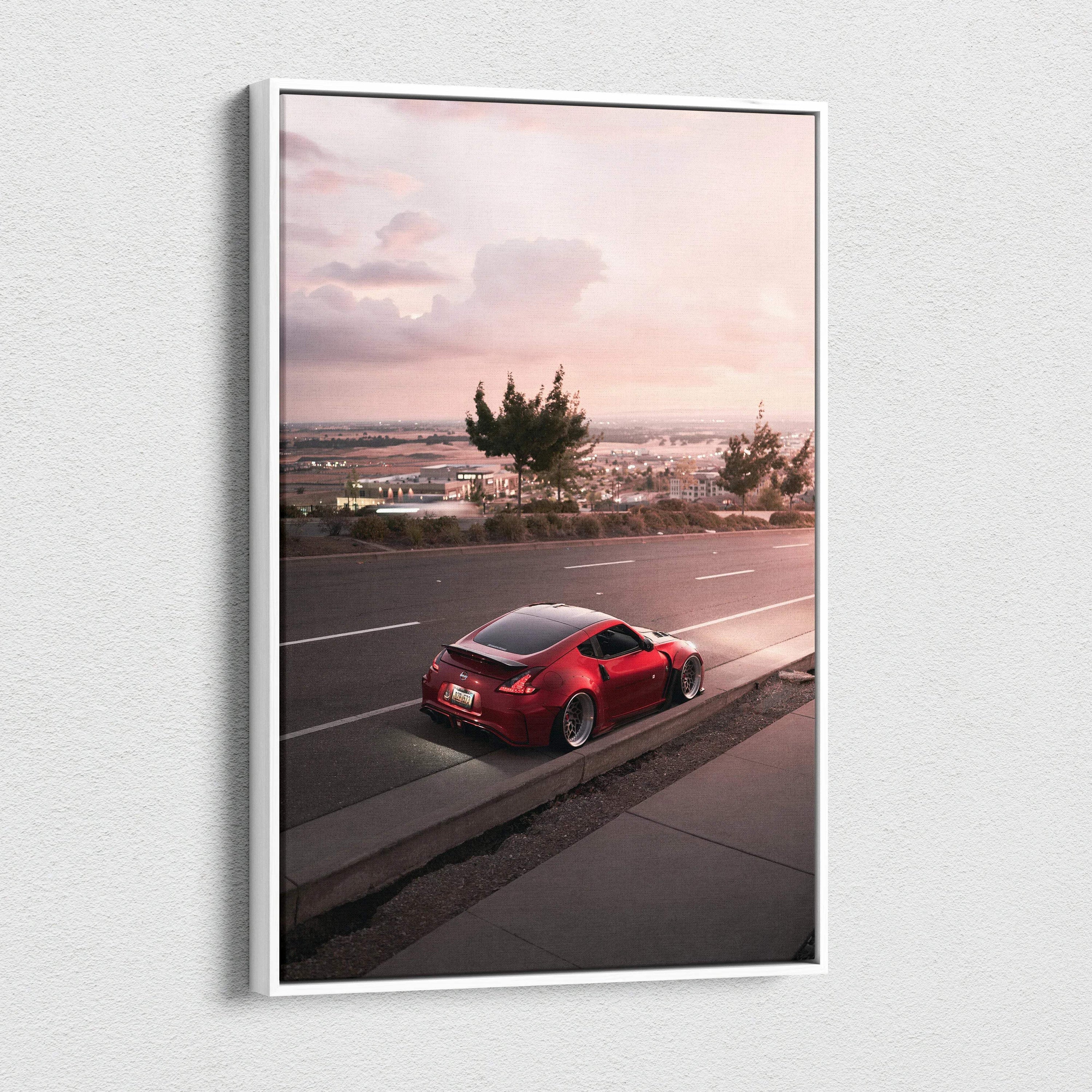 Red Nissan 370z on road at sunset canvas wall art with vertical museum-quality print.