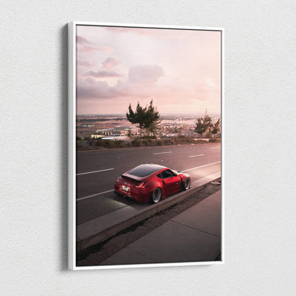 Red Nissan 370z on road at sunset canvas wall art with vertical museum-quality print.