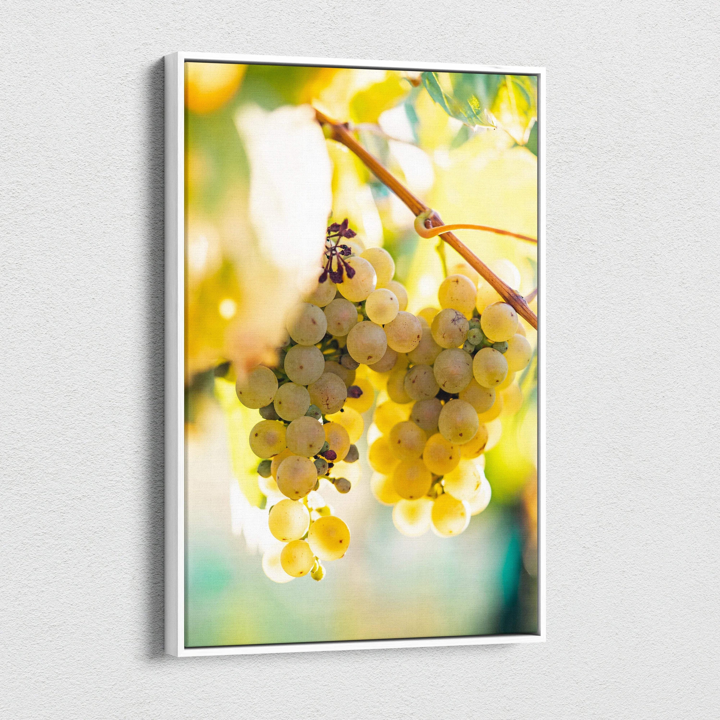 Canvas wall art featuring vibrant yellow-green grape clusters on vine with soft sunlight decor.