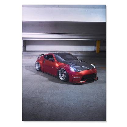 Red Nissan 370Z sports car in a modern parking garage poster wall art.