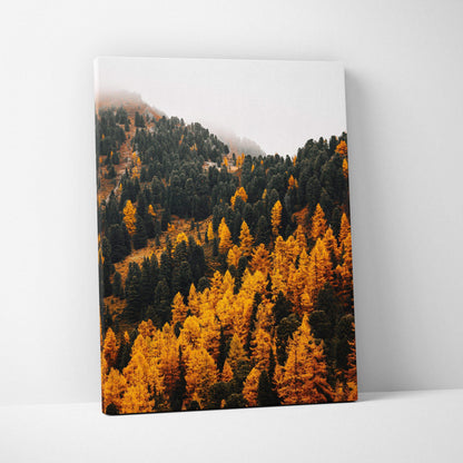Vibrant autumn mountain landscape with golden trees on vertical canvas wall art.