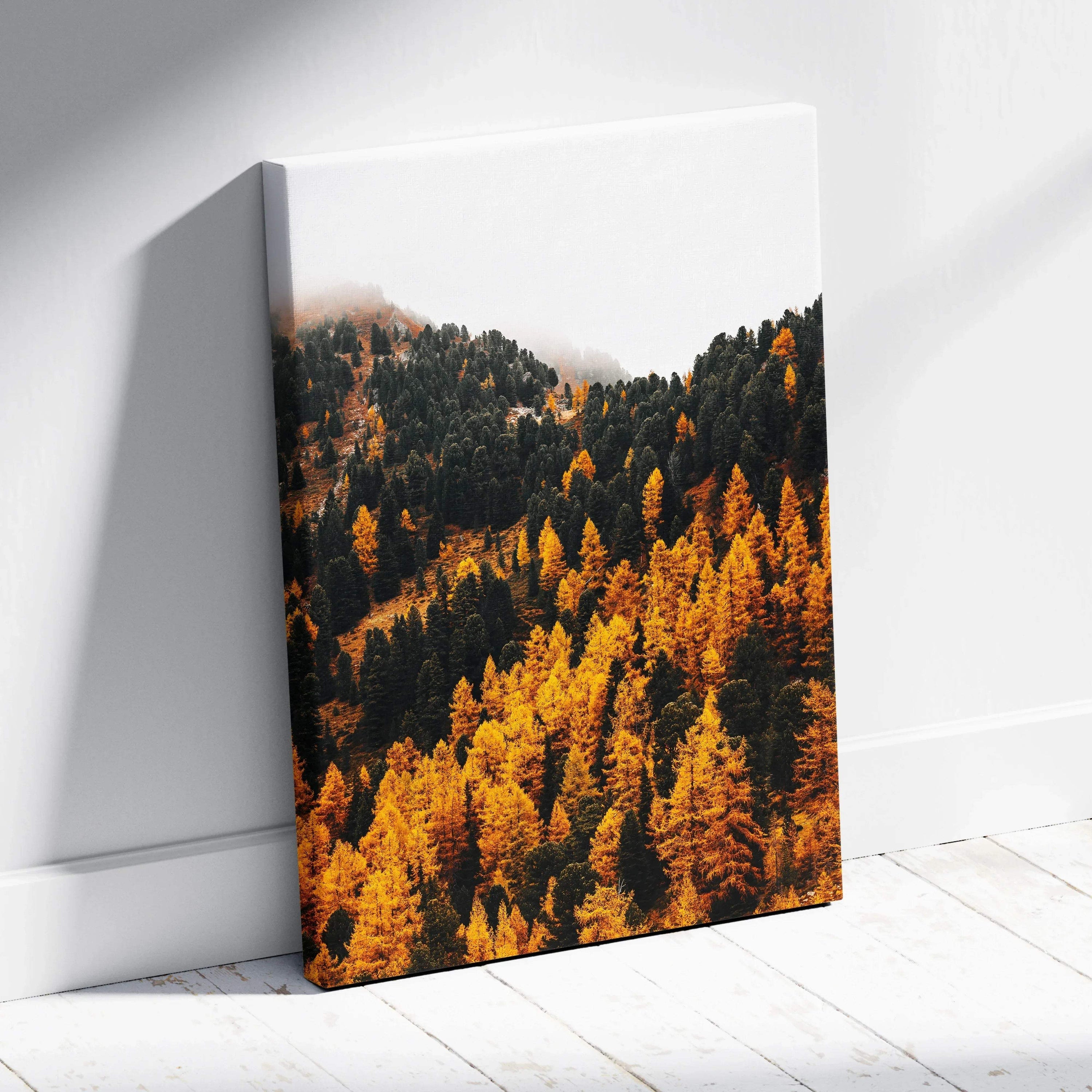 Vibrant autumn mountain landscape with golden trees on vertical canvas wall art.