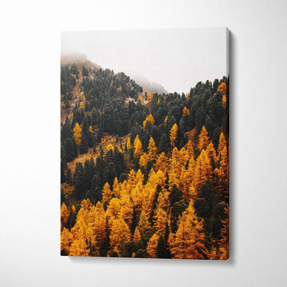 Vertical canvas art of vibrant autumn mountain forest with golden and dark green trees for wall art.