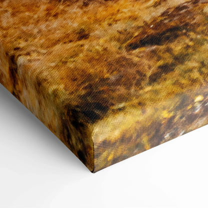 Close-up of vibrant autumn foliage and serene road print on textured canvas wall art corner.