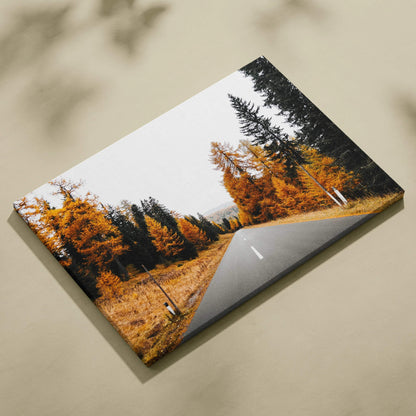 Autumn road scene with vibrant fall foliage and evergreen trees on canvas wall art.