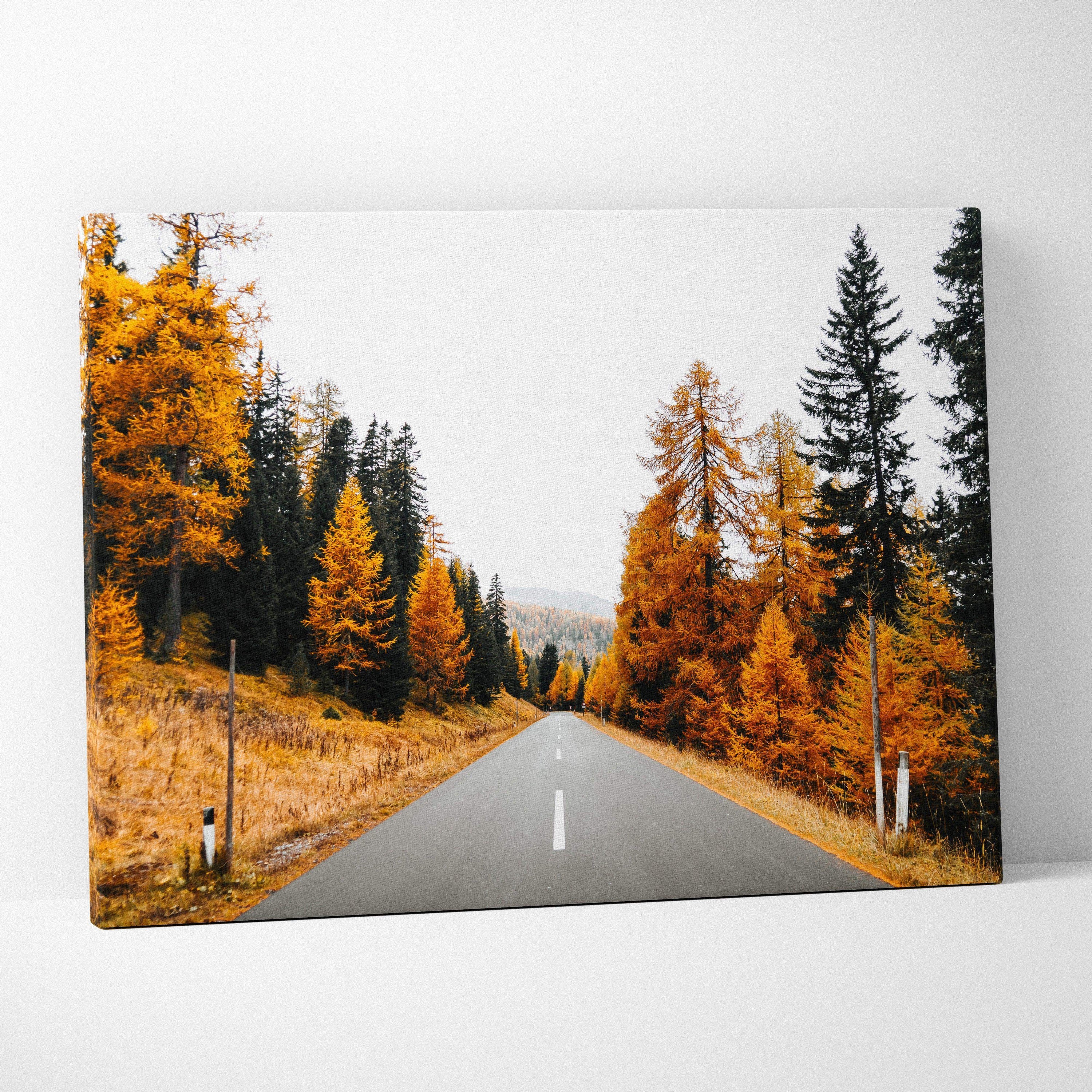 Autumn road lined with vibrant orange and yellow trees canvas wall art with serene nature landscape.