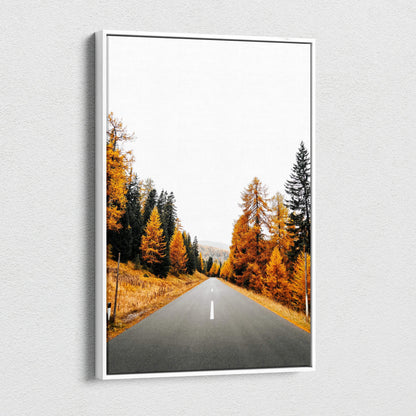 Vertical autumn landscape canvas art print with vibrant orange trees and empty road wall art.