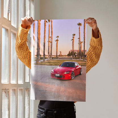 Honda S2000 in red parked under palm trees at sunset poster wall art.