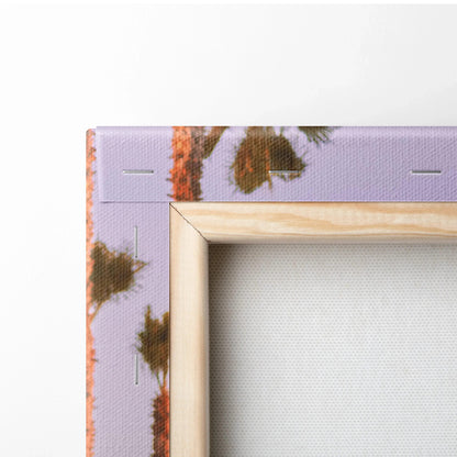 Close-up of wooden frame corner on purple canvas wall art with staples and partial floral print.