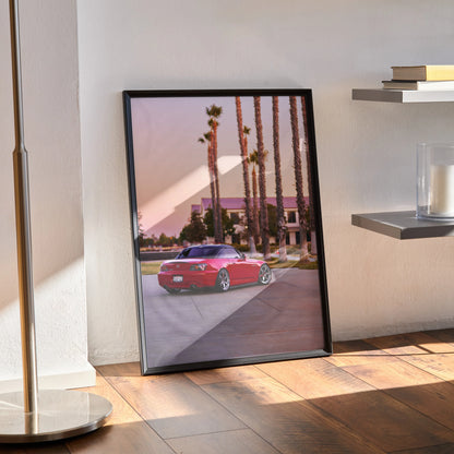 Red Honda S2000 poster wall art with palm trees and sunset in modern black frame.