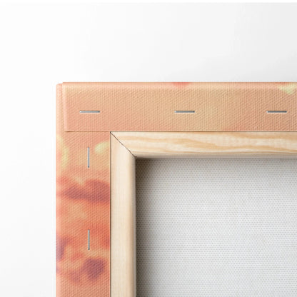 Corner close-up of stretched canvas with natural wood frame and visible stapled edges for wall art Canvas Art.