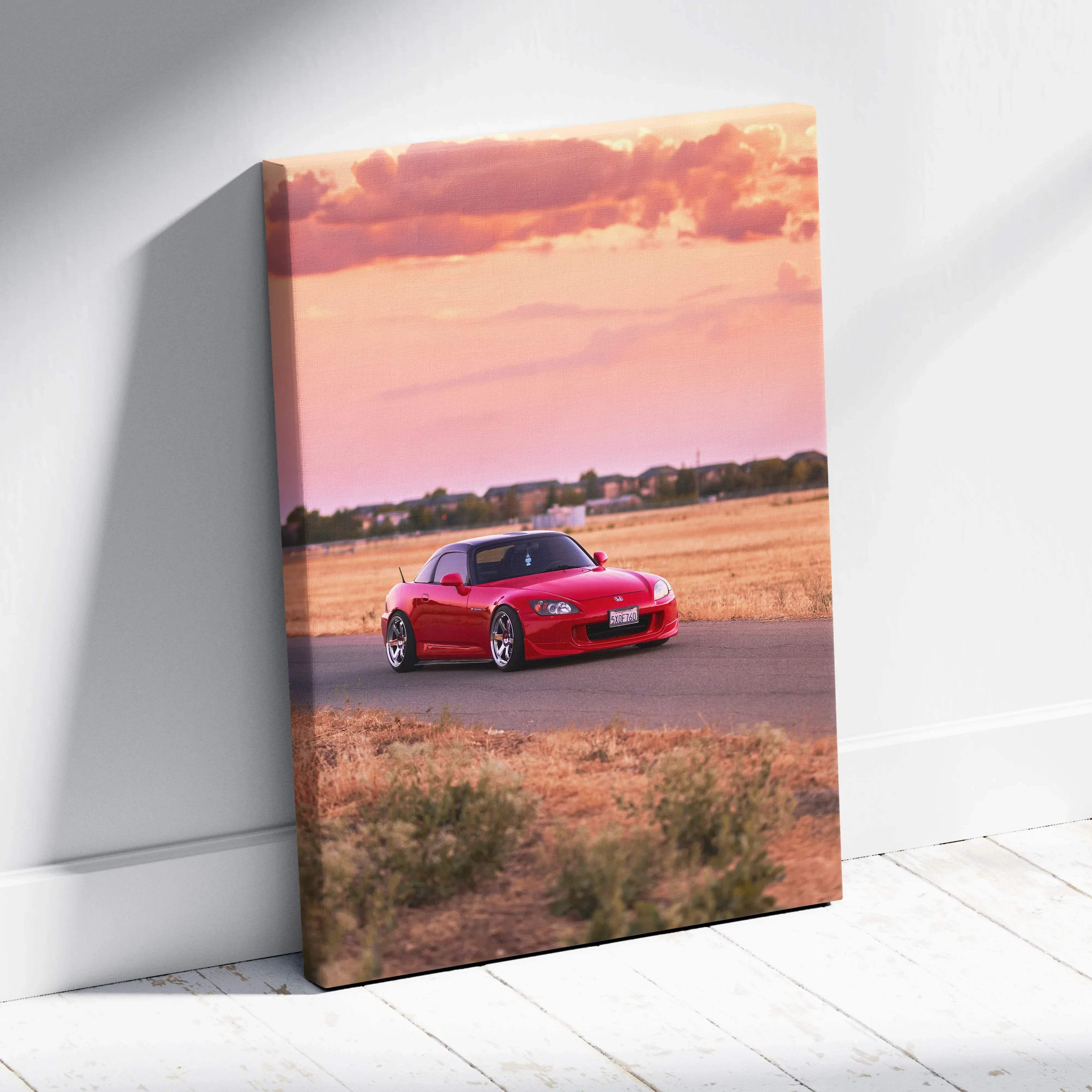 Automotive canvas wall art featuring a red honda s2000 sports car at sunset high resolution museum quality print
