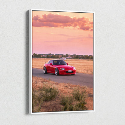 Honda S2000 red sports car on desert road canvas wall art with pink sunset sky.