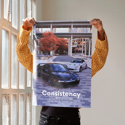 Motivational Poster showing Acura NSX and Honda S2000 racing with "Consistency" text, wall art design.