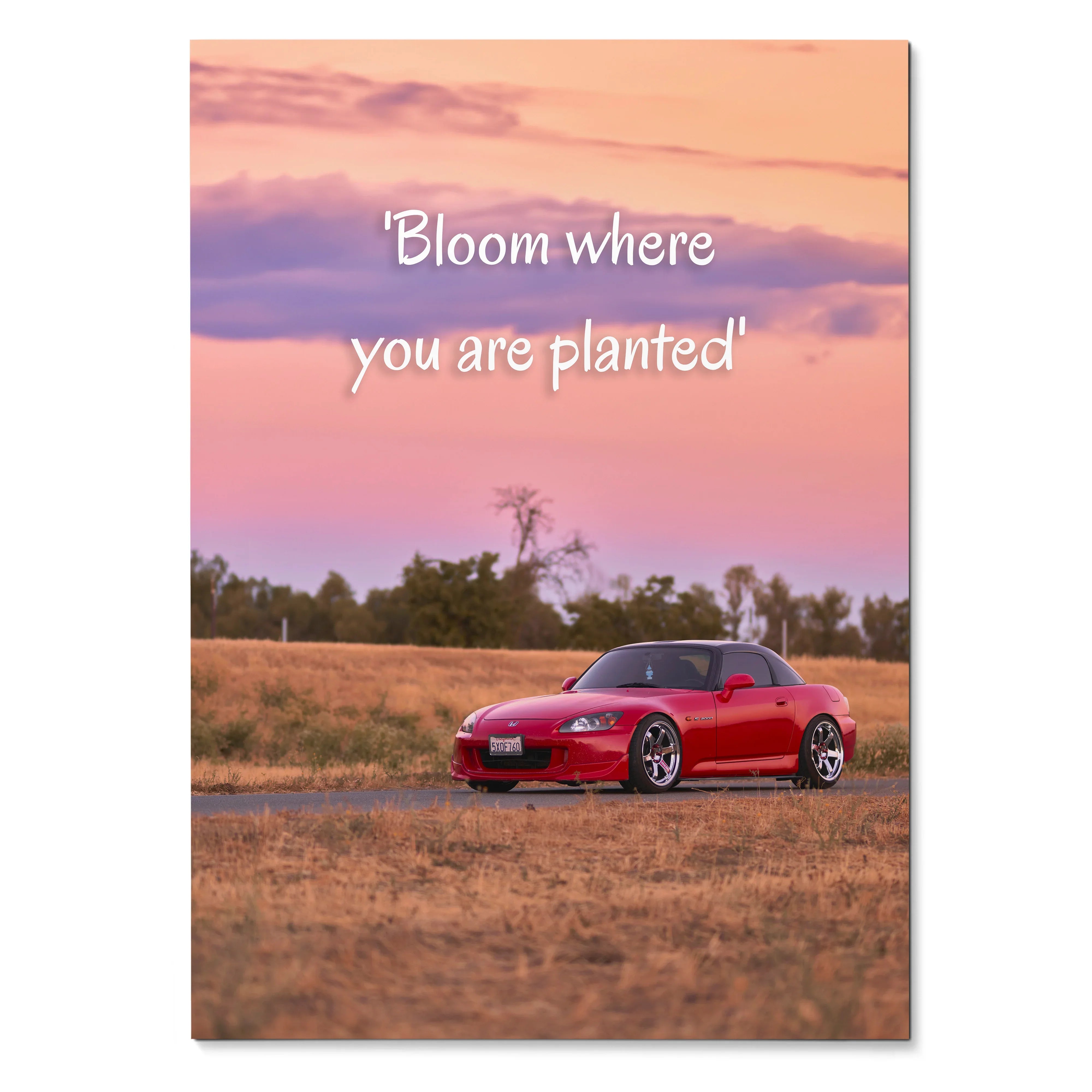 Motivational poster wall art with red Honda S2000 under pink sunset sky and inspiring text.
