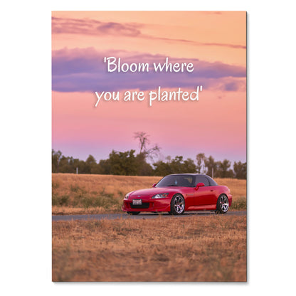 Motivational poster wall art with red Honda S2000 under pink sunset sky and inspiring text.
