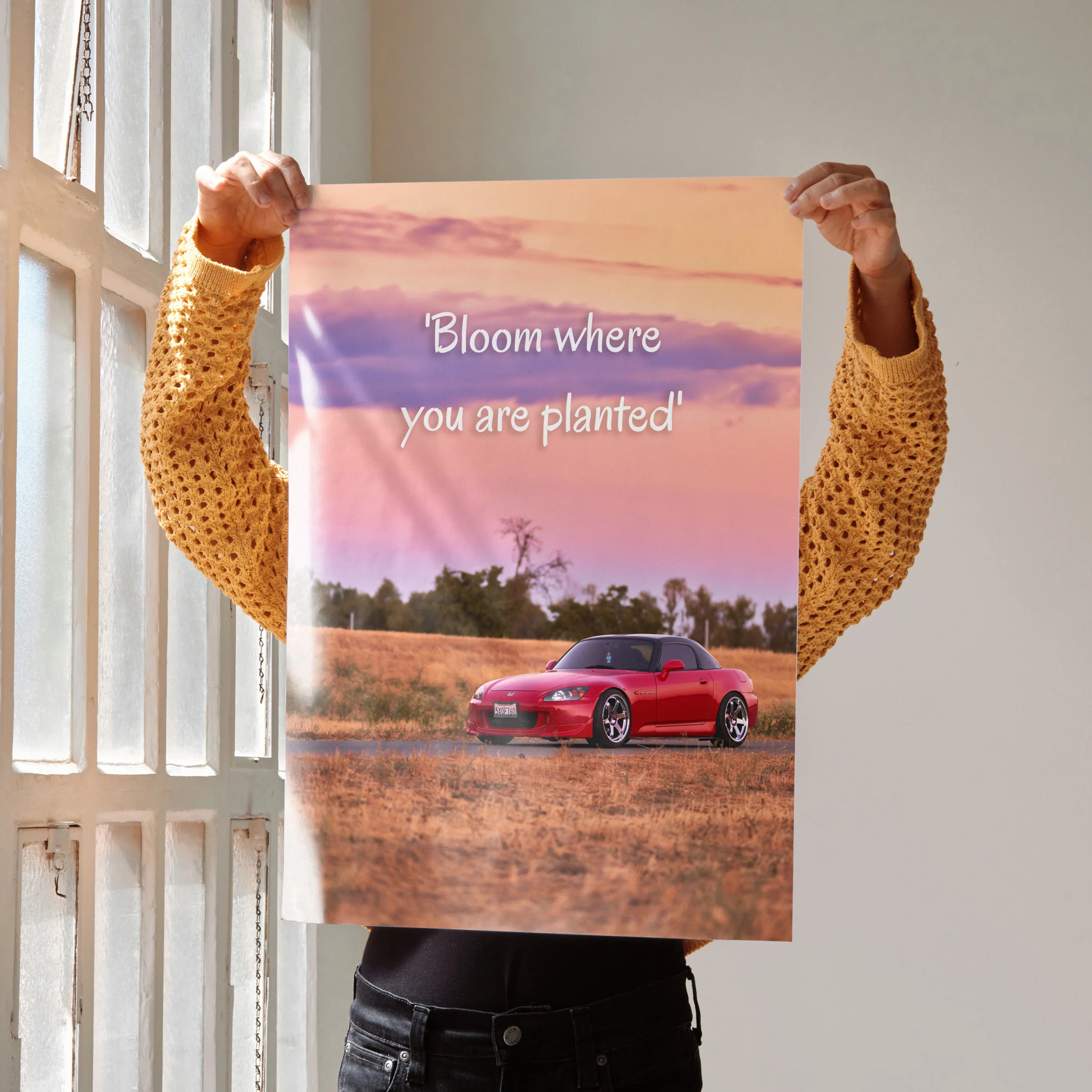 Motivational poster wall art with red Honda S2000 and inspiring text "Bloom where you're planted" against a sunset sky.